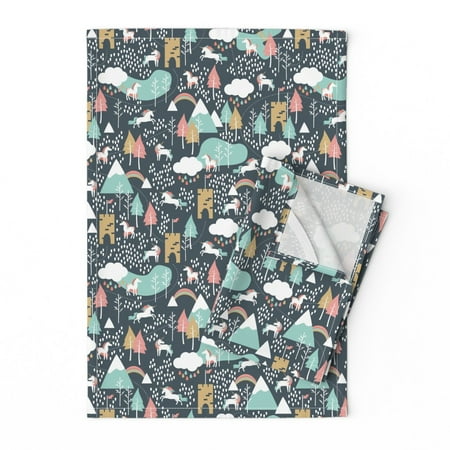

Printed Tea Towel Linen Cotton Canvas - Unicorn Love Small Scale Castle Medieval Rain Mountain Adventure Spring Whimsical Magical Nursery Print Decorative Kitchen Towel by Spoonflower