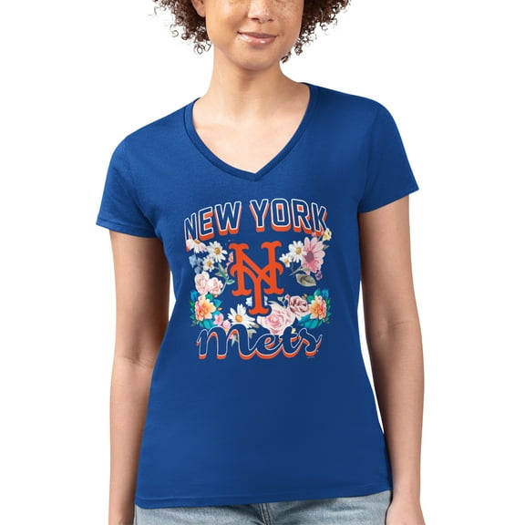 Women's G-III 4Her by Carl Banks Royal New York Mets Super-Slim Fit Lightweight Flowers Graphic V-Neck T-Shirt