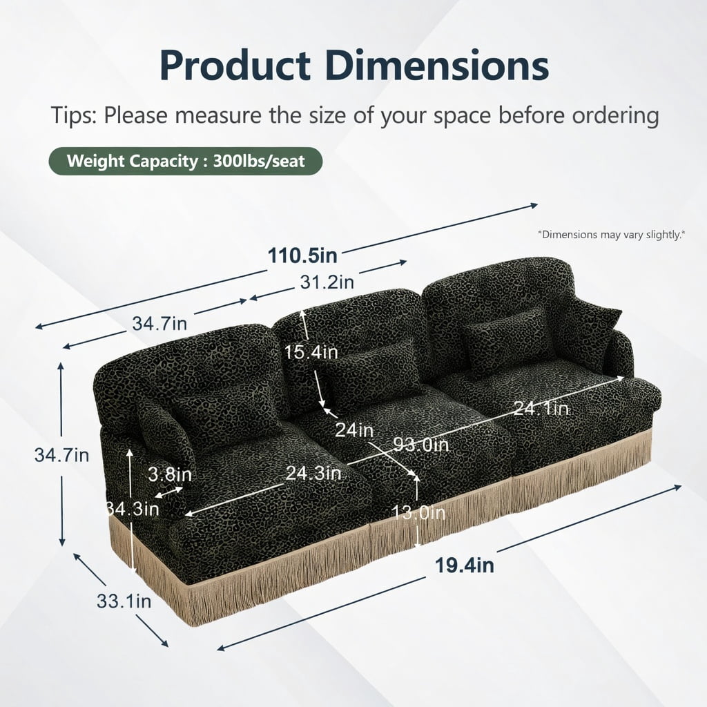 Hommoo 100" Modern Leopard Print Chenille 3-Seat Modular Sectional Sofa, Deep Seat Design with Tassel Trim, Ergonomic Support & Easy Tool-Free Assembly, Green Black