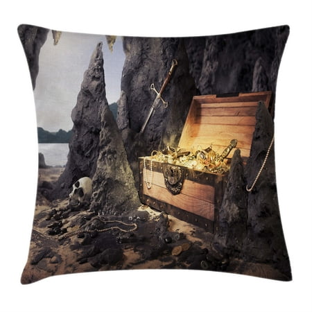 Fantasy Throw Pillow Cushion Cover, Open Treasure Chest with Golds and Sword in Cave Pirate Fairy Illustration, Decorative Square Accent Pillow Case, 18 X 18 Inches, Charcoal Grey Amber, by Ambesonne