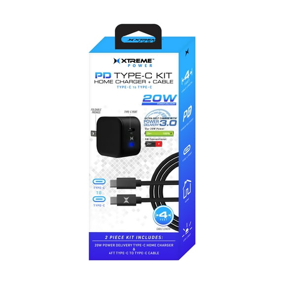 Xtreme 20W Black Type-C Home Charger and 4ft Cable Kit, Repower Phones and Tablets