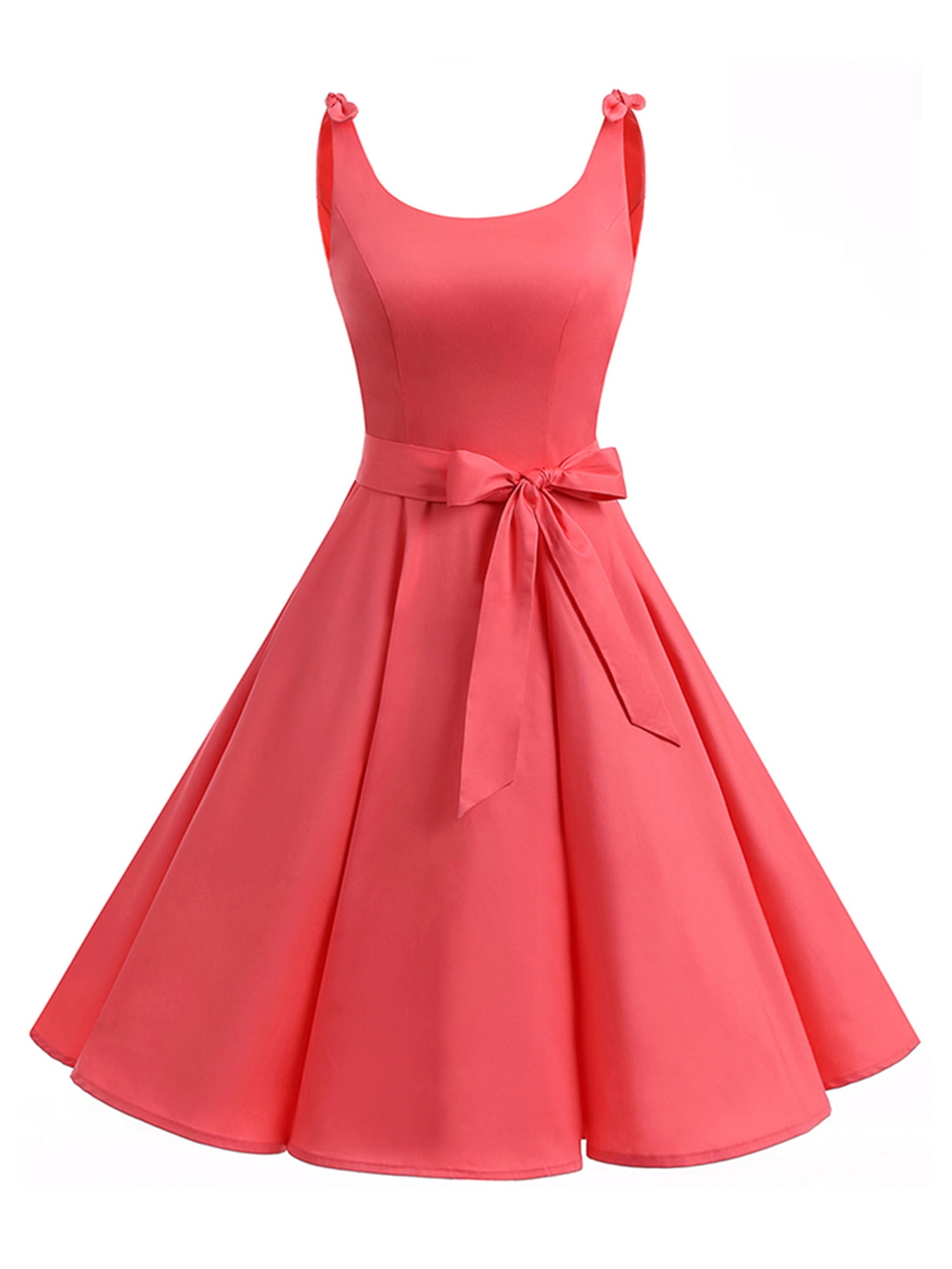 1950s Vintage Hepburn Cocktail Party Tea Dress with Ruffle Cap-Sleeves Solid Midi Dress RAINED-Women Swing A line Dress