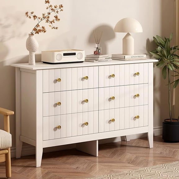 GASLIKE Modern 6-Drawer Dresser, White Fluted Panel with Gold Knobs, 52.3" L x 31.5" H x 17.7" D