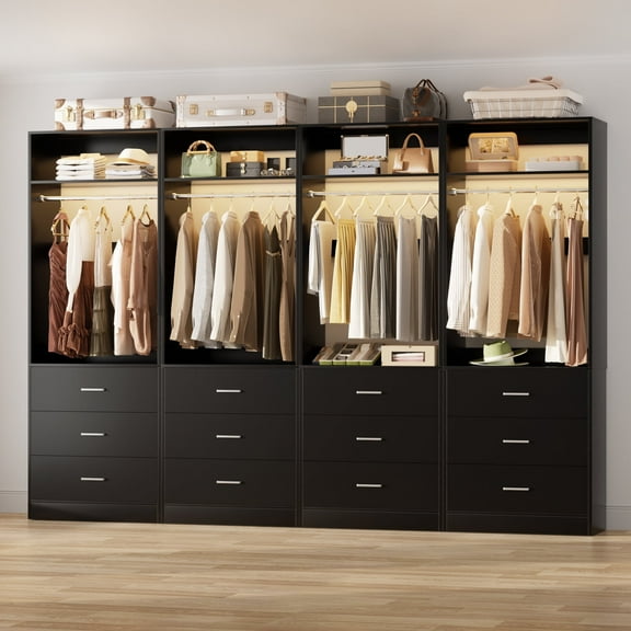 Homieasy 8FT (96 Inch) Closet Organizer System,Set of 4 - 12 Wood Drawers, 4 Hanging Rods & 4 Shelves, Heavy Duty Walk-in Closet Storage,Black