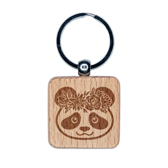 Panda Wearing a Flower Crown Square Keychain Charm Tag - Engraved Wood