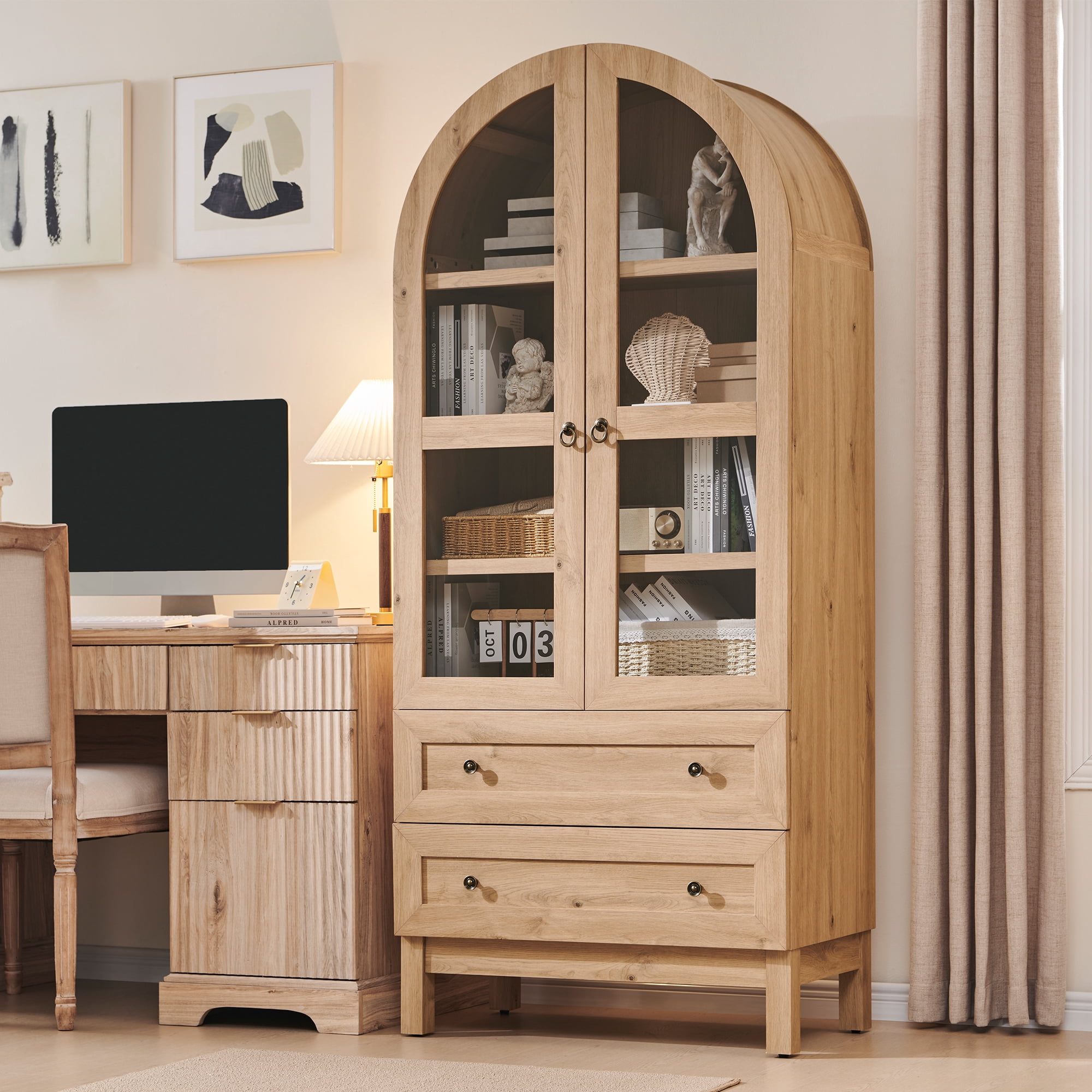 Arch Bookshelf with Storage Set of 2, Tall Bookcase with Glass Doors & Drawers