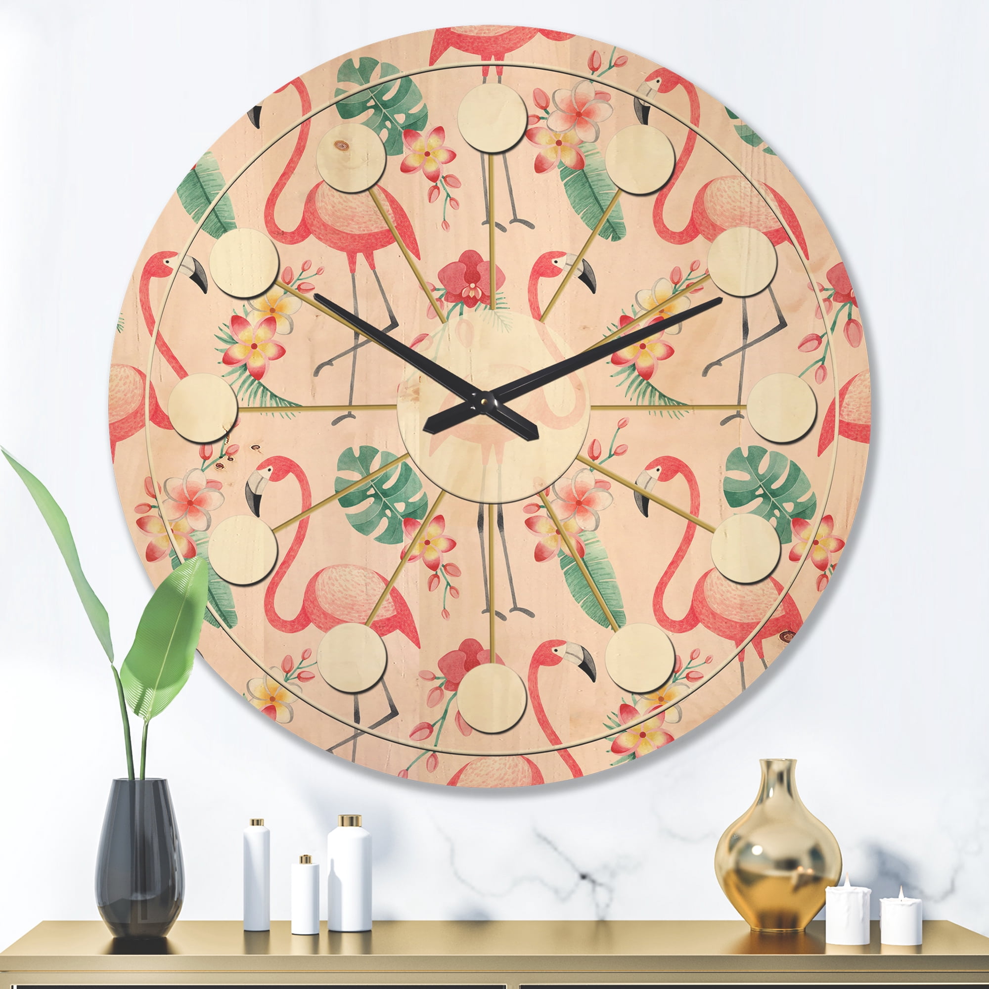 Designart 'Tropical Botanicals, Flamingo and Flowers II' Mid-Century Modern Wood Wall Clock