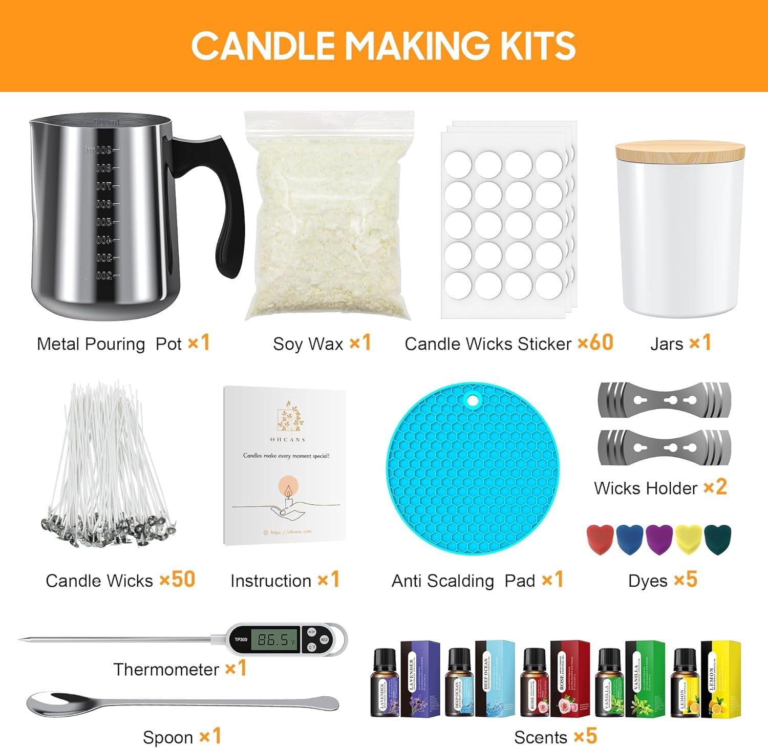 Candle Making Kit Supplies, Soy Wax DIY Candle Making for Adults, with 900ml Candle Make Pouring Pot,Candle Jar Candle Wicks, Wicks Sticker, Wicks Holder, Thermometers