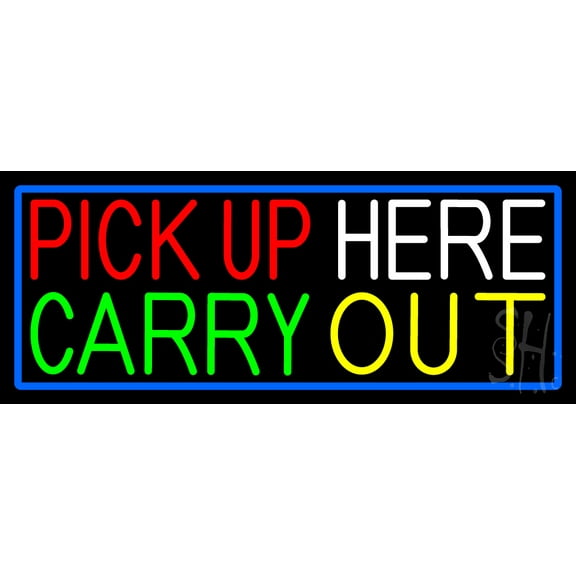Pick Up Carry Out Here LED Neon Sign 13 x 32 - inches, Black Square Cut Acrylic Backing, with Dimmer - Bright and Premium built indoor LED Neon Sign for restaurant window and interior decor.