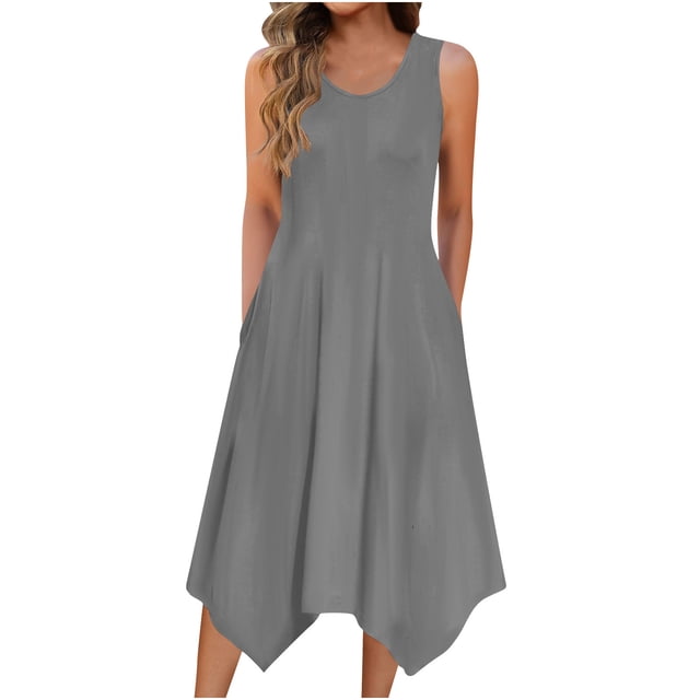 yoeyez Robes Maxi d'Été pour Femmes 2025 Tendance Été Sans Manches Robes Débardeur Ourlet Irrégulier Col Rond Robe Maxi avec Poches Robe de Plage de Vacances Gris,P