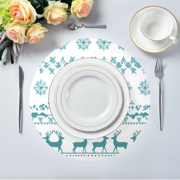 15.4" Round Placemat Set of 1 Polyester Fabric Place Mats Non-Slip Dining Kitchen Table Mats for Kitchen Party Decor Cyan Christmas Pattern