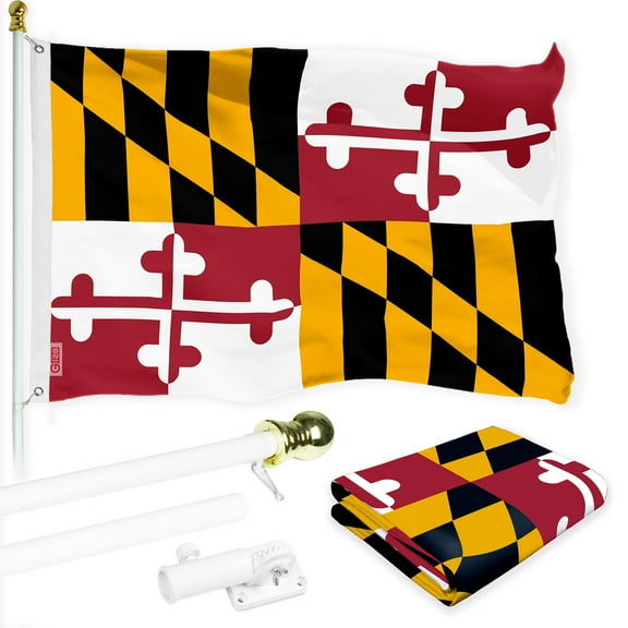 G128 Combo Pack: 6 Ft Tangle Free Spinning Flagpole (White) & Maryland Flag 3x5 Ft Printed 150D Polyester, Brass Grommets (Flag Included) Aluminum Flag Pole