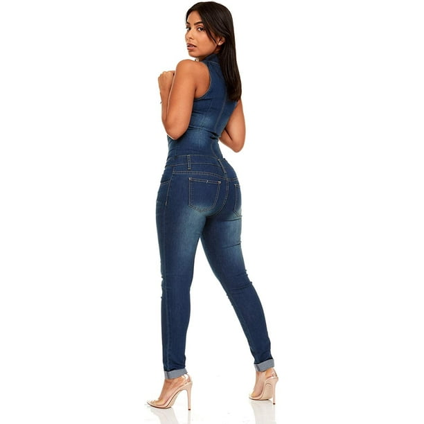 YDX Smart Jeans Denim Jumpsuit Sexy Sleeveless Zip up True Blue Size