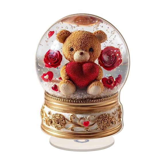 GSKKLQ Valentine's Day Acrylic Decor, Rotating Base Heart Rose Bear Snow Globe, 2D Tabletop Ornament for Romantic Gift, Desk Shelf Display Keepsake