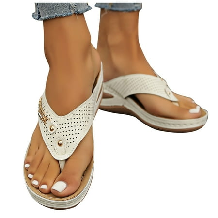 Oyedens Flip Flop Wedge Sandals For Women Leather Casual Beach Arch Support Mid Heels Slip On Thong Orthopedic Sandals