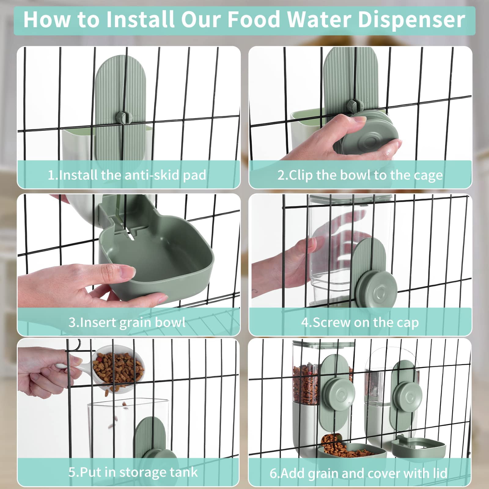2pcs Hanging Automatic Food Water Dispenser, Gravity Pet Feeder and Waterer Set, Green Cage Food Bowl for Puppy Cat Rabbit Chinchilla Hedgehog
