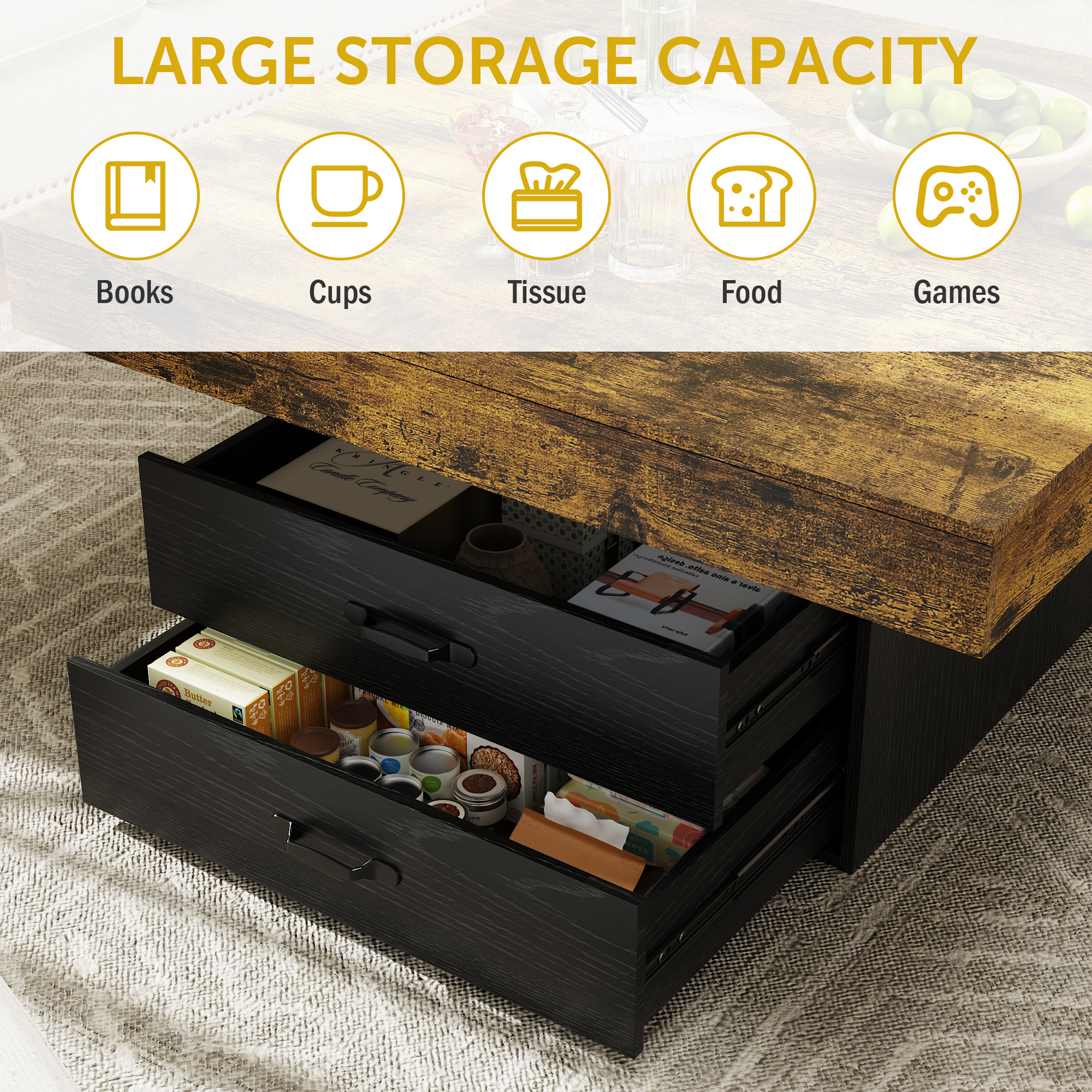 Miniyam 35.4 in. Square Coffee Table with Storage Drawers and LED Lights, Farmhouse Wood Coffee Table for Living Room or Office, Black