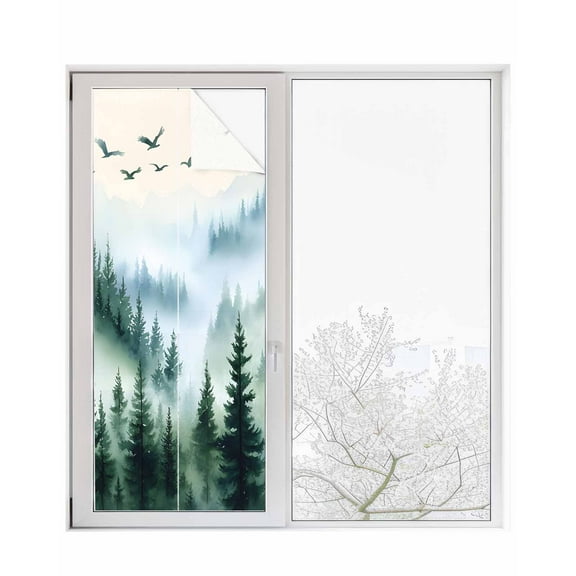 Window Privacy Film Dark Green Ombre Forest Stained Glass Window Film Decorative Sun Block Window Cover Watercolor Tree Window Clings Static Adhesive Sticker for Bathroom 29.5"x78.7"