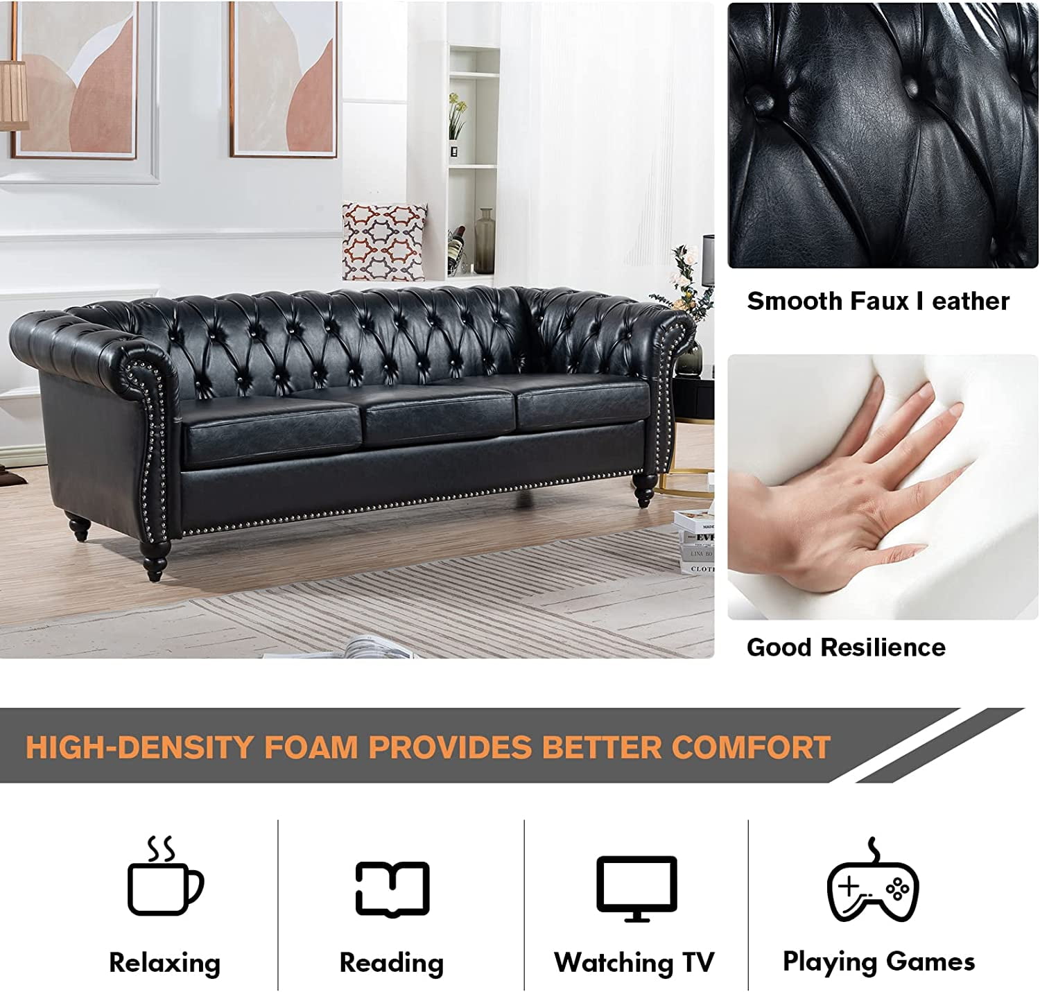 Chesterfield Sofas for Living Room, Rolled Arm 3-Seater