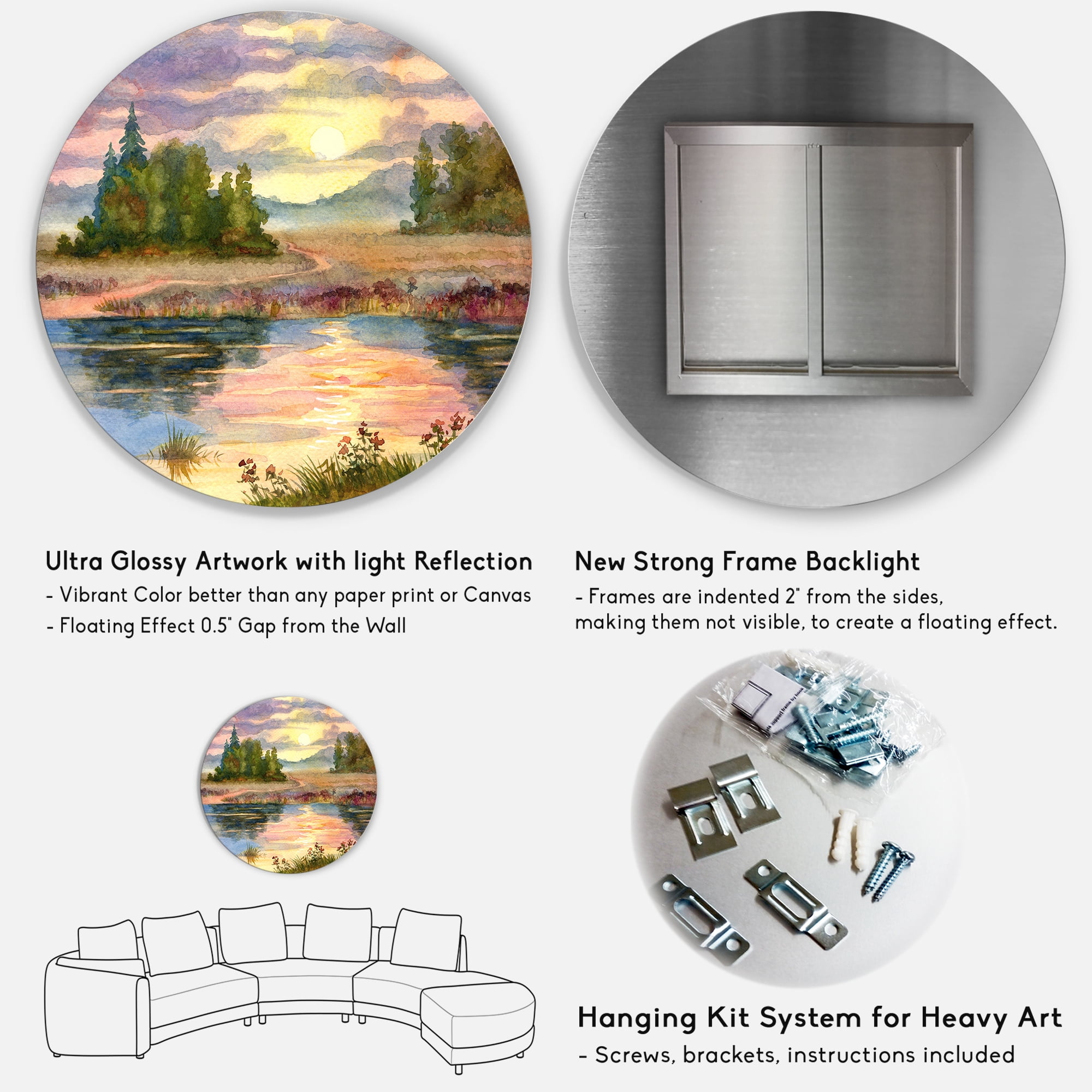 Designart 'The Rural Lake In Sunset Evening I' Traditional Circle Metal Wall Art 36x36 - Disc of 36