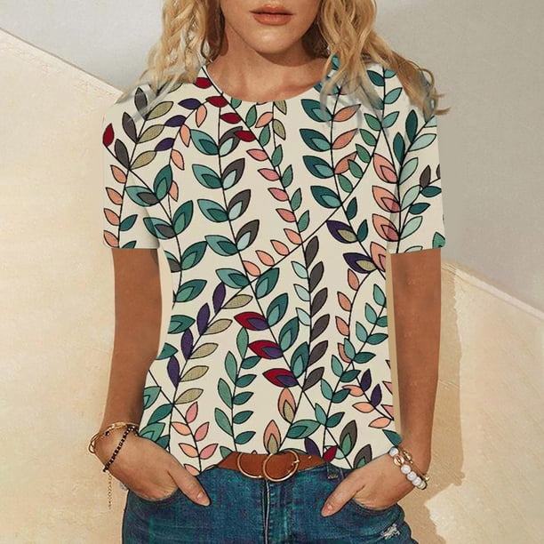 Fiudx Liquidación de Ahorros de Verano Blusa Holgada Estampada con Cuello Redondo Retro de Manga Corta a La Moda para Mujer, Manga Tres Cuartos