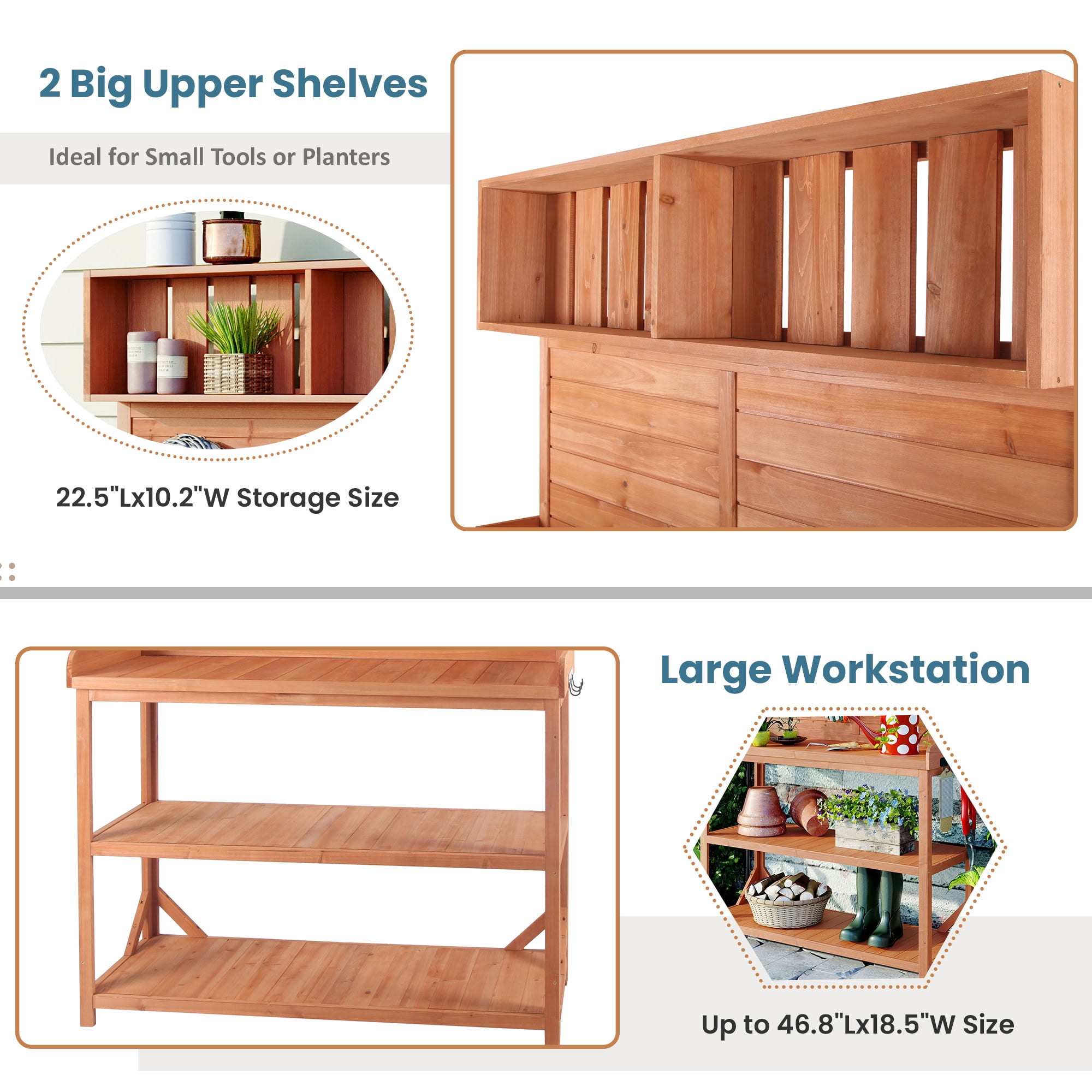 MAYEERTY 65" Tall Outdoor Wood Potting Bench, Rustic Garden Workstation with 4-Tier Storage Shelves, Side Hooks & Anti-Falling Device for Patio, Backyard
