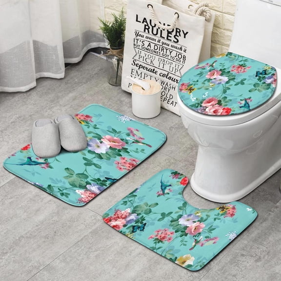 Pioneer Flower Floral Print Pattern Bathroom Rugs Sets 3 Piece,Toilet Cover Set,Absorbent Non Slip Bathroom Mats Sets with U-Shaped Contour Rug Toilet Rug Set