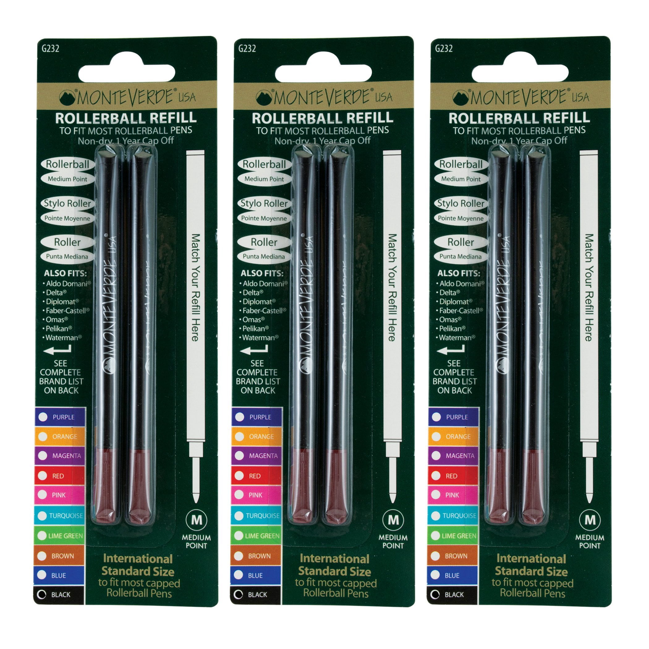Monteverde Rollerball Pen Refill Medium Point Black Ink 6 Pack (G233BK)