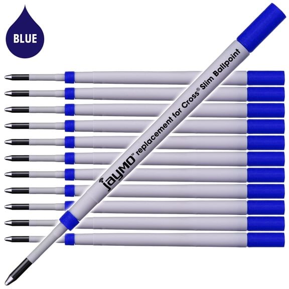 Jaymo Replacement for Cross Slim 8783 - Measures 4 in / 102 mm Long - Ballpoint Pen Refill - 12 Blue