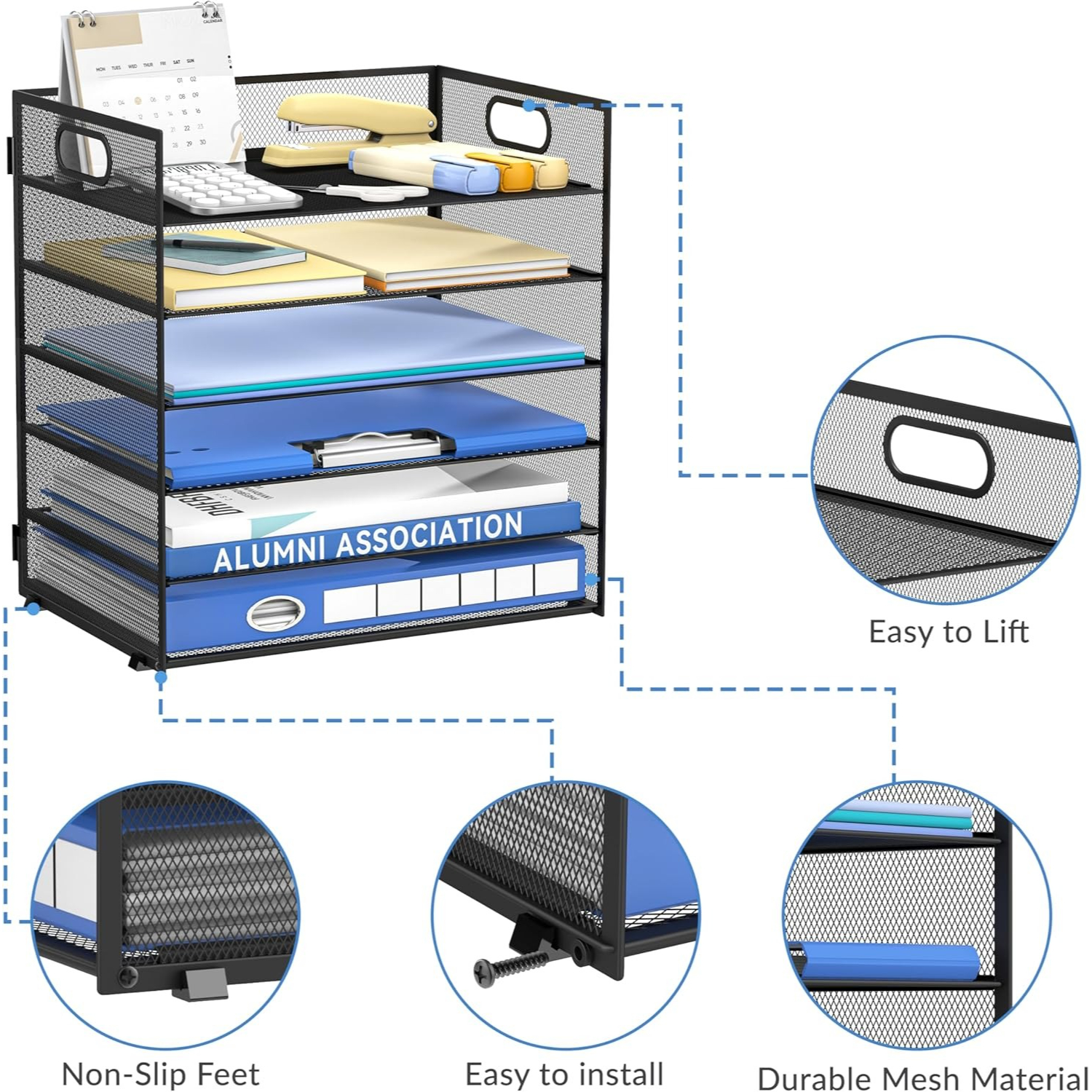 INTIGE 6 Tier Paper Organizer for Desk, Paper Letter Tray, Metal Mesh Desktop File Organizers with Handle for Office/Home