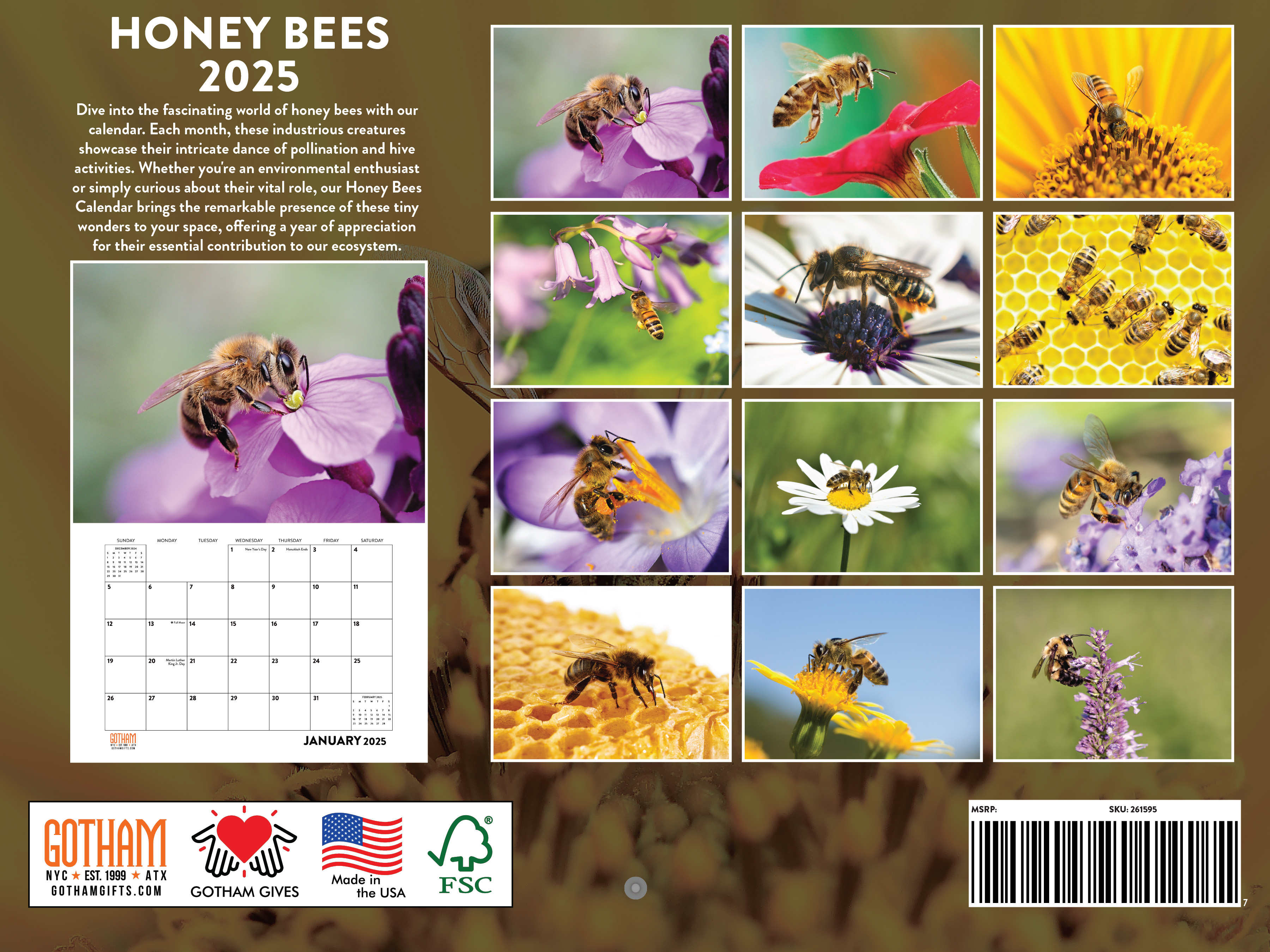 Honey Bee Calendar 2025 Monthly Wall Calender 12 Month American Made