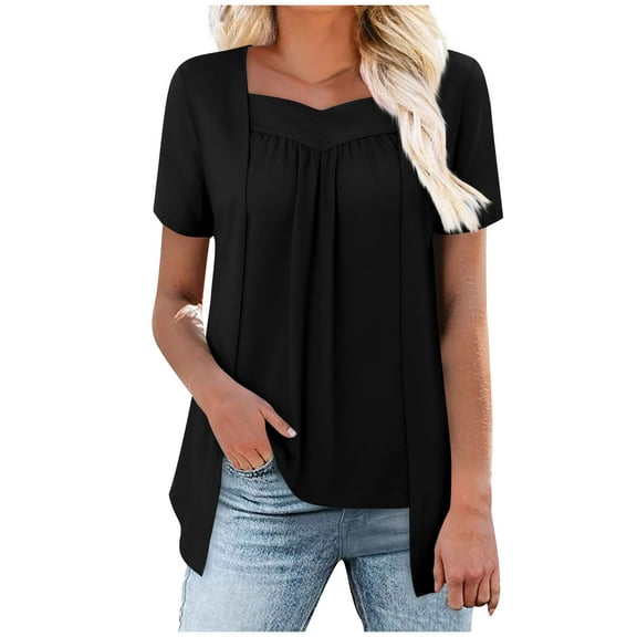 Arnsht Women's Summer Solid Color Shirt Fake Two Piece Short Sleeve Top Loose Breathable Comfortable V Neck Blouse Shirt Black L