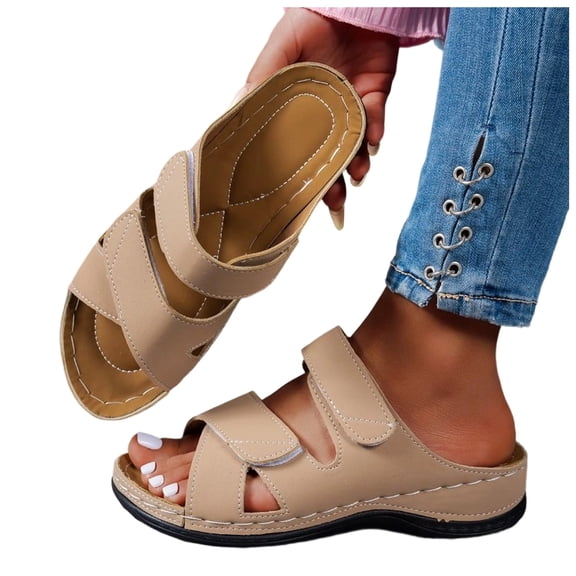 Rokment Womens Comfortable Ortho Wedge Walking Sandals with Arch Support & Adjustable Bands Beach Casual Leather Platform Slip on Mid Heels Backless Slides Summer Beige Size 6.5