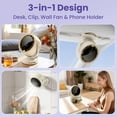 thumbnail image 2 of Lolsea Clip on Fans, Desk Fans, Wall Mount 3-in-1 Design, 6000mAh Rechargeable LED Fan with 5 Speeds & 4 Timer, Dual 360° Rotation, Remote, White, 2 of 7