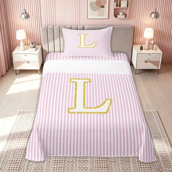 meiyoeat Gold L Monogram Twin Sheets for Kids Girls Women, Pink Stripes Bedding for Bedroom, 3-Piece
