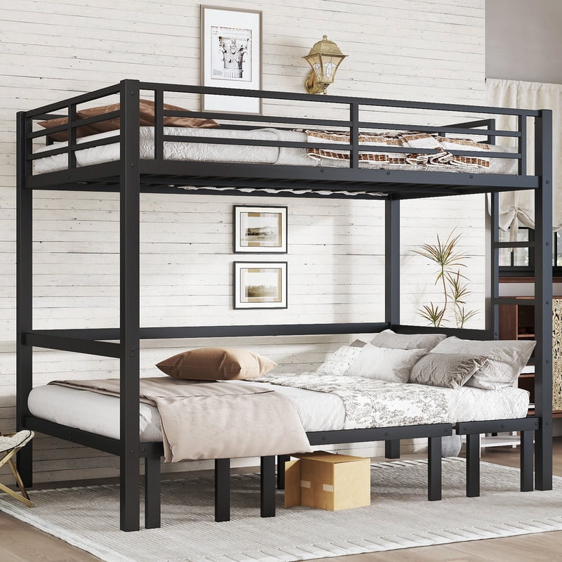Full Over Futon Bunk Beds, Metal Bunk Bed Frame can be Converted into Bed and Couch, Full Bunk Bed with Ladder, No Box Spring Needed-Black