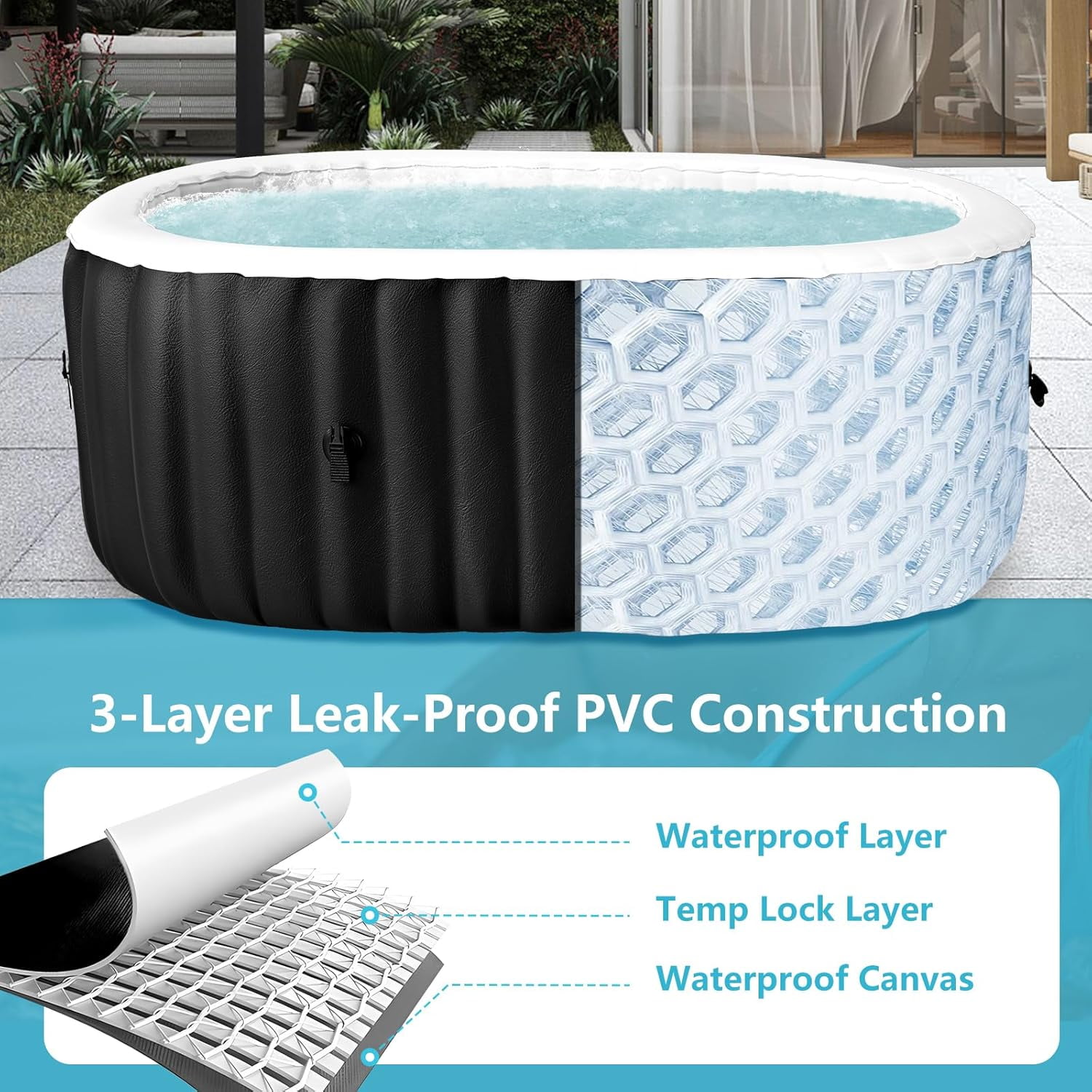2 Person Inflatable Hot Tub with Side Table, Oval Portable Blow up Hot Tub Spa, Leak-Proof PVC Outdoor Spa with 100 Air Jets, Heater Pump and Insulated Cover, 75” L X 47”W X 25”H