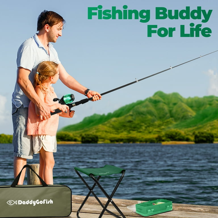 Daddygofish Kids Fishing Pole Telescopic Rod & Reel Combo with Collapsible Chair, Rod Holder, Tackle Box, Bait Net and Carry Bag for Boys and Girls