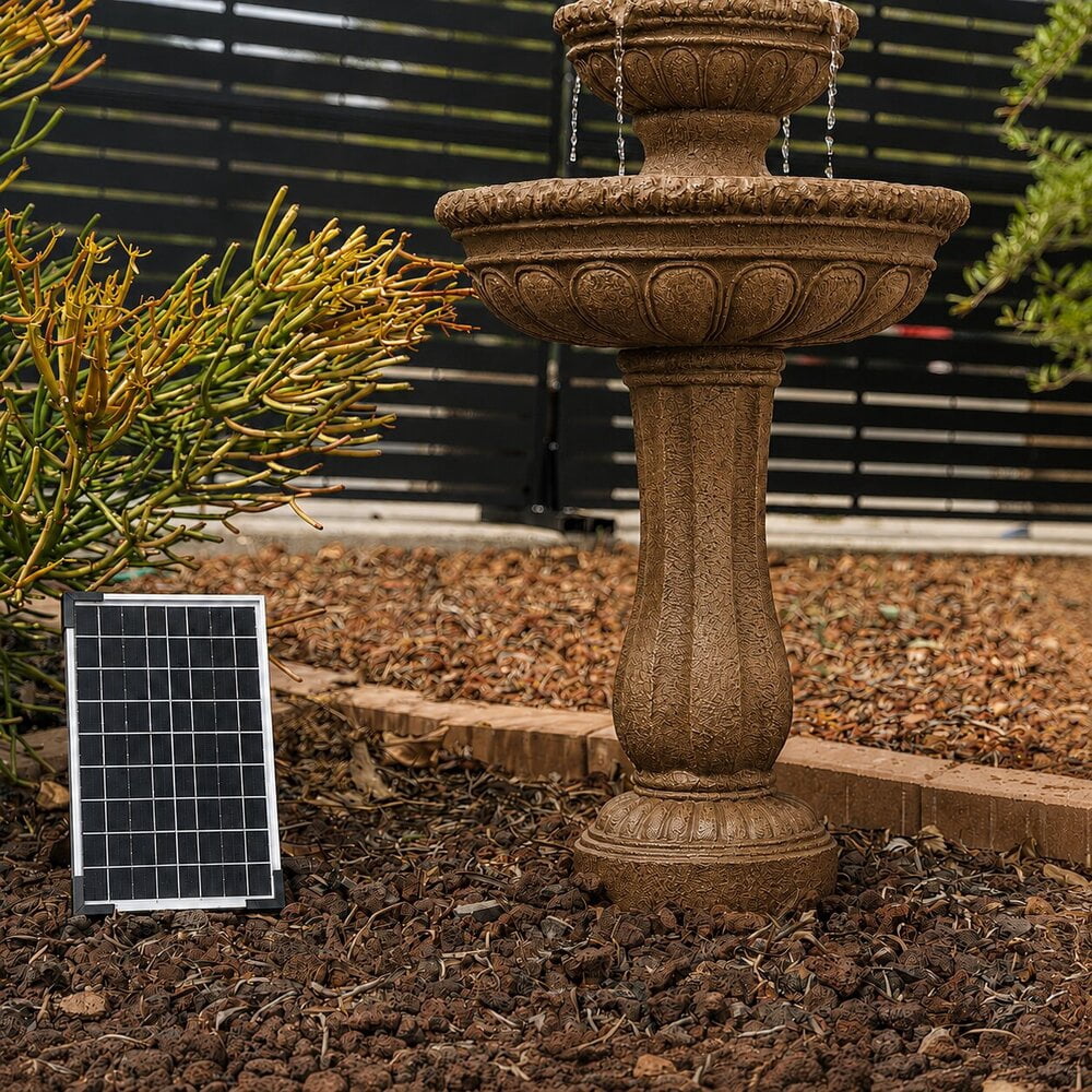 XBrand 39" 2-Tier Outdoor Freestanding Solar Water Fountain - Classic Design, Sand Stone Resin Bird Bath with Pump