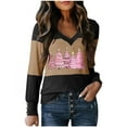 thumbnail image 2 of Elvqul Womens Tops Long Sleeve T Shirts Casual Christmas Graphic Pullover Block Brown Blouses for Women V-Neck, 2 of 3