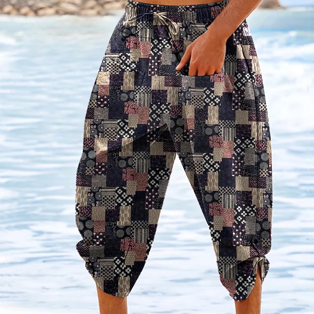 Capris, Mens Fashion Drawstring Elastic Waist Printing Casual Retro Nationality Capris Pants