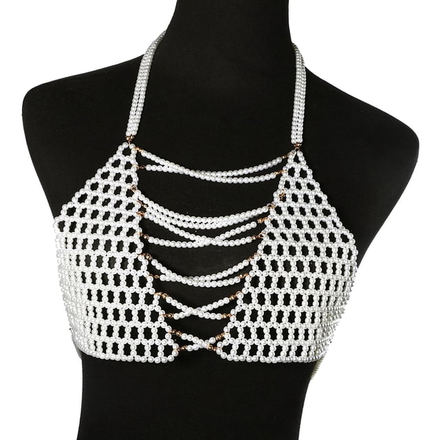 Cadena del cuerpo,Pearl Body Chain Bra Mujeres Niñas Ajustable,Joyas Con Cadena para el cuerpo Moda Delicado,Borlas en capas Hombro Collares Boda,Bikini Pecho Cadena Beach Show jinwen Cadena del cuerpo
