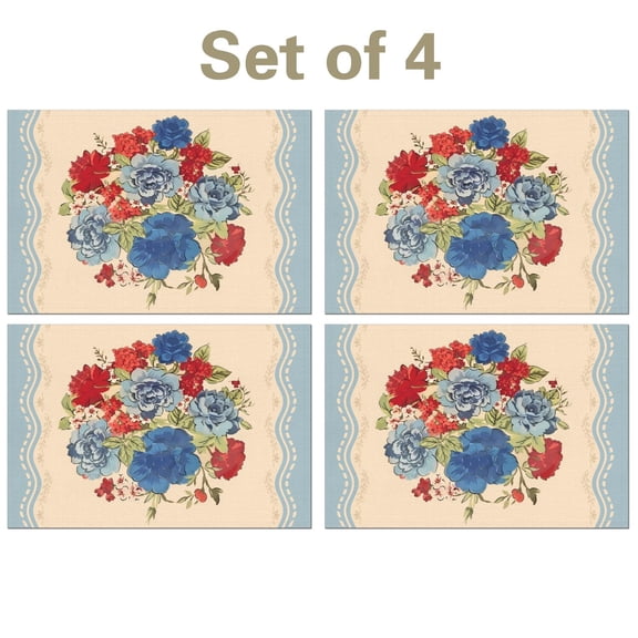 Linen Placemats Set Of 4 11.8x17.7 Inch,Pioneer Colorful Flowers Fabric Table Mats,Resistant Washable Wipeable Table Mat for Party Kitchen Dining Home Decor