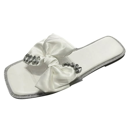 

Alueeu ladies shoes casual Womens Summer Flat Round Toe Slippers Casual Bowknot Crystal Slip On Beach Shoes White 38