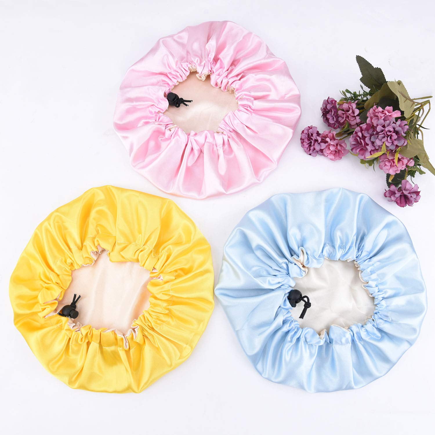 OUSITAID 3 Pieces Kids Satin Bonnet Sleeping Cap for Natural Hair Teens Toddler Child Baby Adjustable Satin Cap for Night Sleeping Reversible Double Layer Yellow/Pink/Sky Blue
