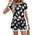 thumbnail image 4 of Womens Halloween 2 Piece Sets Bat Ghost Crew Neck Funny Shirts and Witch Hat Spiderweb Pleated Spooky Shorts, M, 4 of 5