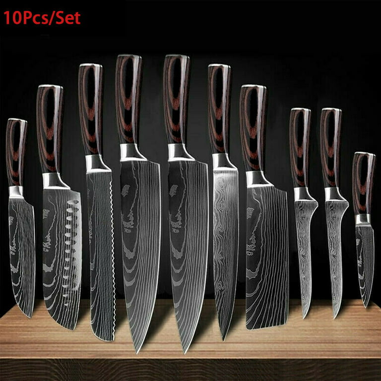 10pcs Kitchen Knives Set ,Stainless Steel Chef Knife Set,Japanese Damascus Style,Black, Size: 9.1 in, Gray