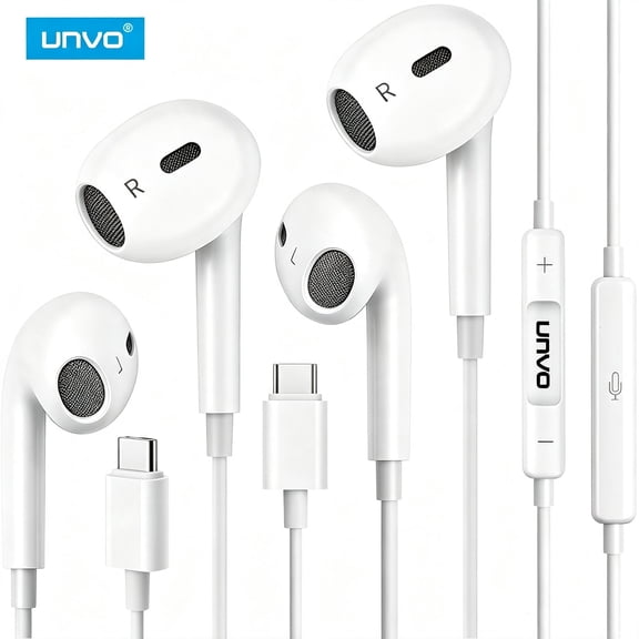 2 Pack USB-C Wired Earbuds for iPad Pro iPhone 15 Series, Hi-Fi Stereo Sound with Mic Volume Control, Universal Android Compatible