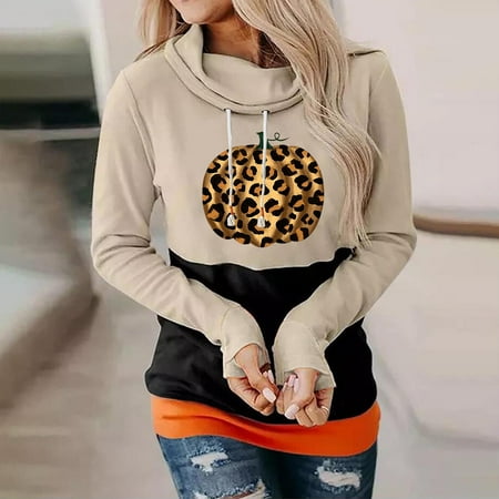 

Juebong Crewneck Hoodies for Women Women s Halloween Color Block Tops Long Sleeve Drawstring Hooded Pullover Sweatshirts Shirts Hooded Pullover Tops Sweatershirt
