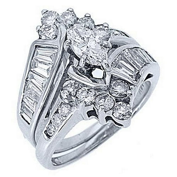 14k White Gold Marquise Baguette Diamond Engagement Ring Bridal Set 2.46 Carats